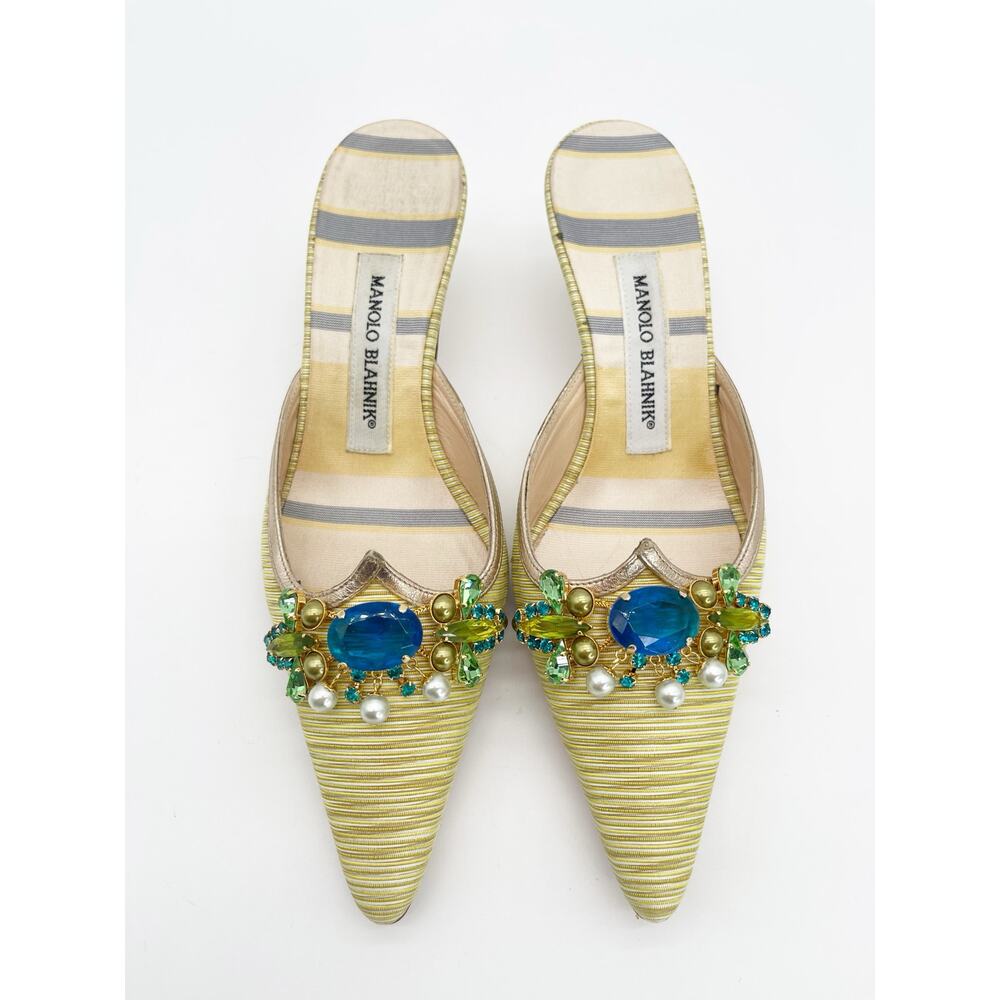 Manolo Blahnik Retro Green Striped Crystal Pointed Toe Kitten Heel Mules IT 36.5 - Picture 7 of 12